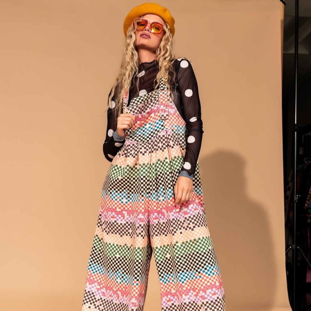 Dressed in LALA Big Feelings Oversized Overalls in Grunge Rainbow Checkerboard